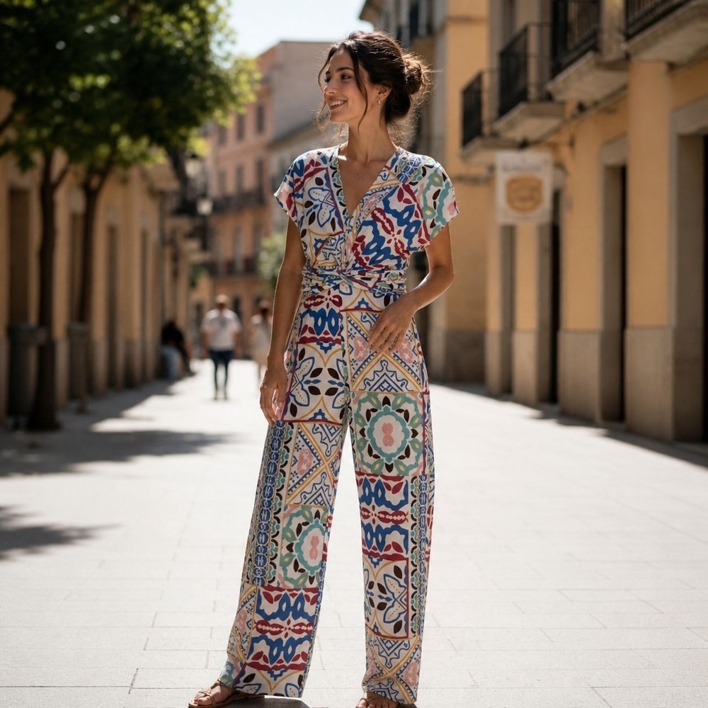 ZARA New Women's Jumpsuit SMALL Multicolor Tile Print Twist Front V Neck Boho